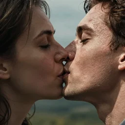 extreme close up of mans first kiss