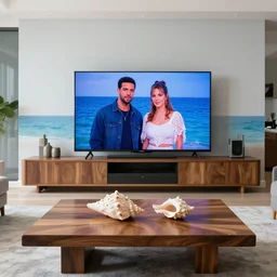 A modern living room inspired by the ocean, a luxurious wooden coffee table with large seashells on it, 100 inch television playing drake and josh, amazing detail, 8k resolution, blue color, calm, relaxed style, harmony, wide angle shot