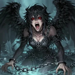 lucifer, dark angel, red eyes, chain, handcuffs, large chain, wide open mouth, scream, cruelty, sad, sea bottom, light effect, hyper detailed, intricate, elegant, highly detailed, digital painting, artstation, concept art, matte, sharp focus, illustration, by dan mumford, yusuke murata, makoto shinkai, ross tran