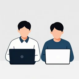 two people with laptops, clean clip art style
