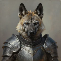 A detailed matte oil on canvas head on symmetrical portrait of an armored paladin with the head of a hyena, by Charlie bowater, Lise Deharme, Wlop, trending on artstationhd,  dungeons and dragons art, critical role