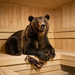 a bear is chilling in a sauna