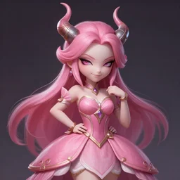 a highly detailed illustration of cute smug pink haired pale girl with horns wearing great pink dress, dramatic smirk pose, intricate, elegant, highly detailed, centered, digital painting, artstation, concept art, smooth, sharp focus, league of legends concept art, wlop.