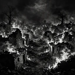 a ruined village, set ablaze. dark fantasy, film noir, black and white. high contrast, yami kojima, d & d, osr