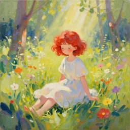 a cute girl with short curly red hair sitting in a field of flowers, god rays are passing through the trees in the background, abstract oil painting