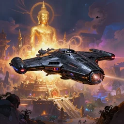 black metallic spacecraft landing in mythical buddhist kingdom of shambhala, in the style of frank frazetta and star wars, ultra realistic, atmosphere glow, detailed intricate, colorful, cinematic lighting, unreal engine, god lighting