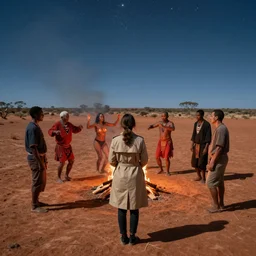 photograph of seven ravers, two men, one woman, woman is in a trenchcoat, blessing the earth, seen from behind, talking around a fire, two aboriginal elders, dancefloor kismet, diverse costumes, clean composition, desert transition area, bonfire, starry night, australian desert, xf iq 4, symmetry, sony a 7 r, 1 5 0 mp, 5 0 mm