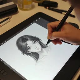 close-up of D.va drawing digital art on a graphic tablet, messy room background, digital art by Greg Hildebrandt and Artgerm and Ross Tran, highly detailed
