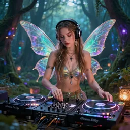 a beautiful fairy dj playing turntables in a rave party at a magical forest, concept style trending on artstation concept art detailed octane render cinematic photo - realistic 8 k high detailed