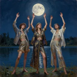 3 d, group of fashion models standing in a night lake with their hands raised to the bright moon, moon ryas, intricate oil painting, high detail, figurative art, multiple exposure, poster art, 3 d, by tooth wu and wlop and beeple