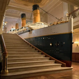 grand staircase titanic, realistic, 8 k, extremely detailed, cgi, trending on artstation, hyper - realistic render, 4 k hd wallpaper, premium prints available, octane render, award winning, by greg rutkowski