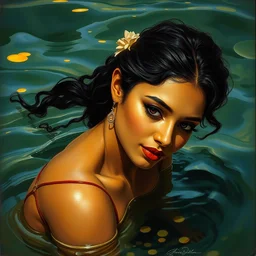 detailed potrait of pretty srilankan woman coming out of water, girl graceful,, painting by james jean, craig mullins, j. c. leyendecker, lights, art by ernst haeckel, john william godward, hammershøi,, - n 4