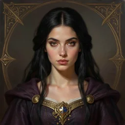head-on symmetrical centered painted portrait, Maya Ali as a D&D wizard, black hair, medieval robes, fantasy, intricate, elegant, highly detailed, digital painting, smooth, sharp focus, illustration, artstation, in the style of Artgerm and Anna Podedworna and Alex Ross