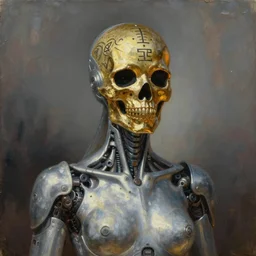 beautiful expressive oil painting portrait of futuristic god queen, silver exoskeleton, with a gold sugar skull mask, cyberpunk, alien semiotic symbols, art by anders zorn, wonderful masterpiece by greg rutkowski, beautiful cinematic light, american romanticism by greg manchess, jessica rossier