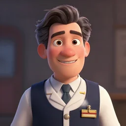 a full character portrait of john lasseter as train conductor p, the pixar adaptation, with same hairstyle, hyper detailed, digital art, trending in artstation, cinematic lighting, studio quality, smooth render, unreal engine 5 rendered, octane rendered