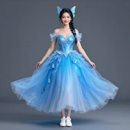 a butterfly princess wearing electric - blue dress, joyfully wearing butterfly braid, fairy bride, full dress shot, wearing white tennis, fairy goddess, symmetrical face, full body portrait, highly detailed clothing, octane render, unreal engine, trending on artstation.