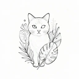 tattoo sketch of a cat with one eye, monstera, a draft, organic ornament, minimalism, line art, vector