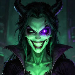 a portrait photo of a poison themed female villain, glowing green, poison dripping, poison teeth, detailed character design, symmetrical face, purple highlights, one purple eye