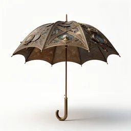 steampunk parasol, high detail macro photography, isolated on a pure white background, centered, entire object in frame, sharp focus, soft studio lighting