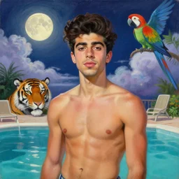 painting portrait of a ( ( ( una cerveza ) ) ), ( ( guapo joven zayn malik macho with a tiger head poolside ) ), nubes y magia, la luna, parrot, concept character, by greg rutowski and tezuka and oi and mucha and bierstadt and remington, trending on artstation