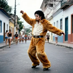 Michael jackson dancing with a furry guy wearing a fursuit at the streets of pelorinho Brazil, 1997, they dont care about us