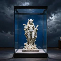 marble sculpture of an illythid in blue glass case inside a museum surrounded by an ominous dark cloud, hd, 4 k, photorealistic, atmospheric light