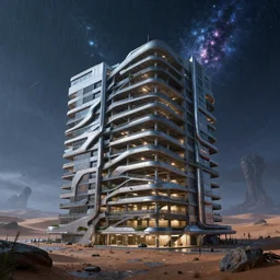 a beautiful very detailed render of parking garage building by alvaro leite siza vieira, crystal azeroth apocalyptic futuristic assassin's creed otherworldly water cosmic tundra sci - fi poppy synthwave at night rainy desert, archdaily, wallpaper, highly detailed, trending on artstation.