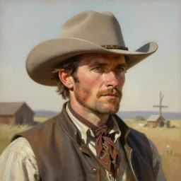 a man, cowboy hat, portrait, wild west, fantasy, highly detailed, oil painting, artstation, concept art, illustration, art by J. C. Leyendecker and norman rockwell