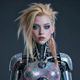 a cinematic medium shot portrait render of Grimes as a mechanical cyborg covered with glitter