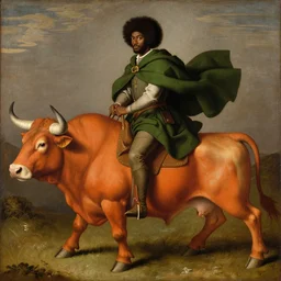 photograph of a black man with afro hair wearing an army green cloak, riding!!! an orange!! bull!!!, renaissance style painting