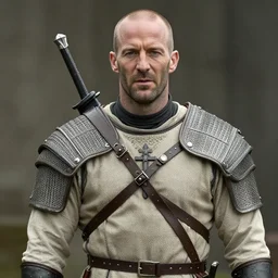 jason statham cast as dijkstra in the witcher netflix series, shaved head, wearing a beige cloth gambeson