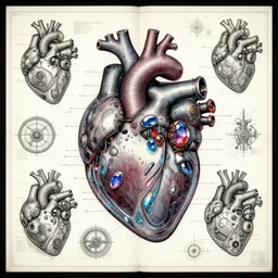 a full page concept designs of a robotic heart device powered by magic gems, steampunk blueprint, intricate details, ink on paper, scientific, Highly detailed labeled, poster, peter mohrbacher,