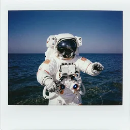polaroid of a dream astronaut double exposure sea high contrast