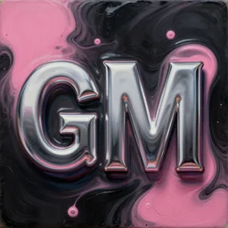 3 d, chrome letter gm, black and pink liquid oil on background, 3 d, hyperrealistic, oil realistic painting