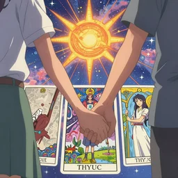 a man and a woman holding hands under a beautiful sun drawn like the anime Your Name anime, intricate, psychedelic, tarot card