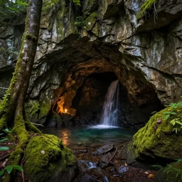 A cave entrance covered with moss and tress, the inside of the cave has a natural pool and a waterfall, dimly lit by candles, epic composition, trending on artstation