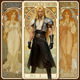 centered portrait, Sephiroth as a male D&D Elf Ranger, blonde hair, Art Nouveau, tarot card background, retro Fantasy hero 1985, intricate, elegant, highly detailed, centered, digital painting, trending on artstation, concept art, smooth, sharp focus, illustration, art by raphael lacoste, eddie mendoza, Mucha, alex ross, WLOP