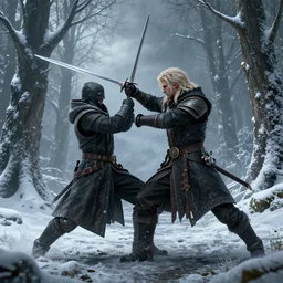 fantasy! drizzt do'urden, winter trees, rapier, combat, fighting, duel, hyperrealism, 8 k octane render, inspired by tyler jacobson