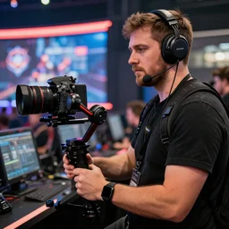 ruggedly handsome gimbal camera operator getting the action shot at a video game tournament. photorealistic, high quality, intricate details