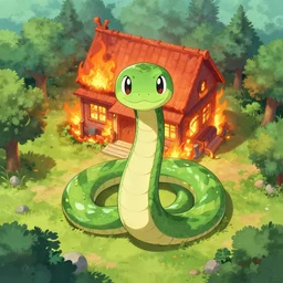 digital drawing drone view of the great serpent standing in front of burning house looking at camera by celebi