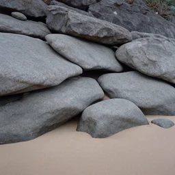 along the shoreline of the river, the area is sandy. it is a large granite rock formation, with smooth gray boulders. the smooth rocks are flat. in the rocks, prey is able to hide in small cavities between the boulders. painterly environment matte painting, still frame from the fox and the hound ( 1 9 8 1 )