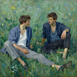 handsome men reminisce about the end of summer in a field of grass, cool colors, hard angles, painting by gaston bussiere, craig mullins, j. c. leyendecker