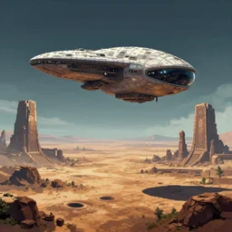 large alien spacecraft hovering in the sky an a wasteland alien exoplanet and ancient ruins in background and alien planet with craters and large stone structures by bruce brenneise and peter mohrbacher, hyperrealistic very detailed landscape concept art, 3 d render, neosurrealism. digital concept art, pixel art, rendered in octane, trending on cgsociety, trending on artstation
