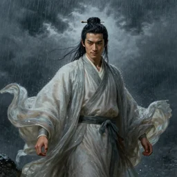 young asian man, god of rain, flowing robes, powerful, smug expression, highly detailed painting by gaston bussiere, craig mullins, j. c. leyendecker 8 k, sparkling storm clouds