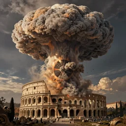 nuclear mushroom cloud, fall of rome, epic painting