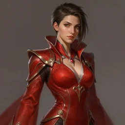 painted portrait of rugged beautiful zarya from overwatch wearing red dress, short hair, upper body, robe fantasy intricate elegant highly detailed digital painting, artstation, concept art, smooth, atmospheric lighting sharp focus illustration art by craig mullins greg rutkowski