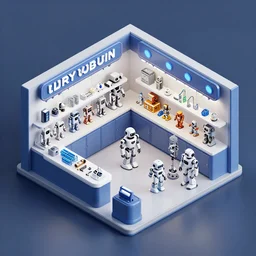 detailed isometric view of a store that sells robots and robot parts, on a spaceship, from a lucasarts point and click 2 d graphic adventure game, art inspired by thomas kinkade