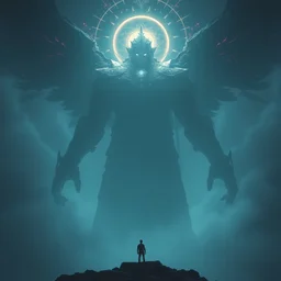 an epic concept art of a celestial titan, silhouette of a small man below, ominous, ethereal, misty, volumetric fog, beautiful specular illumination, smooth, dynamic, artstation, octopath traveler, by greg rutkowski, artgerm, stephan martiniere, 8 k