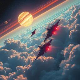 fighter jets in the skies of jupiter in the clouds of jupiter, epic scene, by victo ngai, kilian eng vibrant colours, dynamic lighting, digital art, winning award masterpiece, fantastically beautiful, illustration, aesthetically inspired by beksinski and dan mumford, trending on artstation, art by greg rutkowski, 8 k