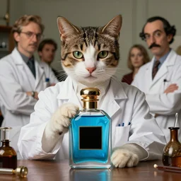 an aristocratic cat dressed as a scientist intrigued by a refined little modern flacon filled with magic blue iridescent liquid, there is a big black square on the bottle, art highly detailed, by frank frazetta, keith parkinson and greg rutkowski and aleksandra skiba and salvador dali, concept art,
